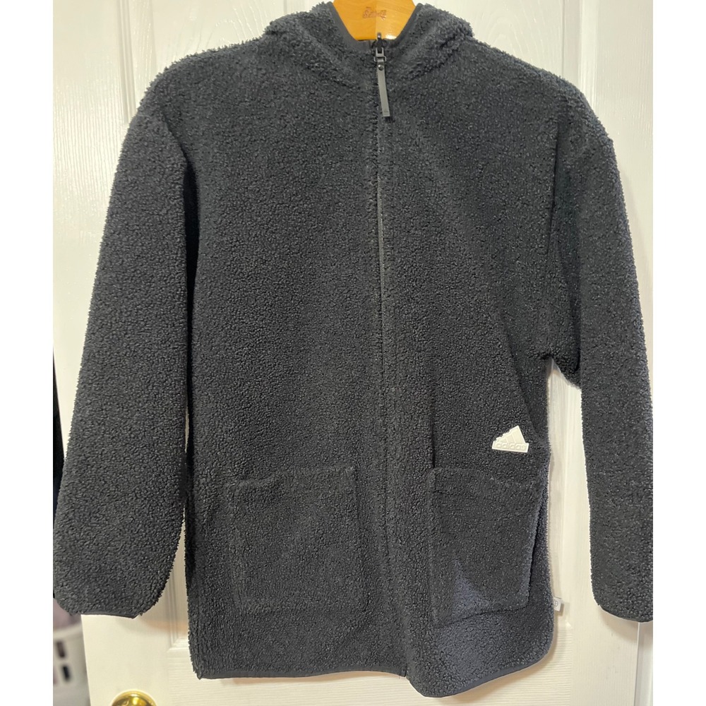 Adidas Womens Small Black Sherpa Fleece Full Zip Hooded Jacket End Plastic Waste